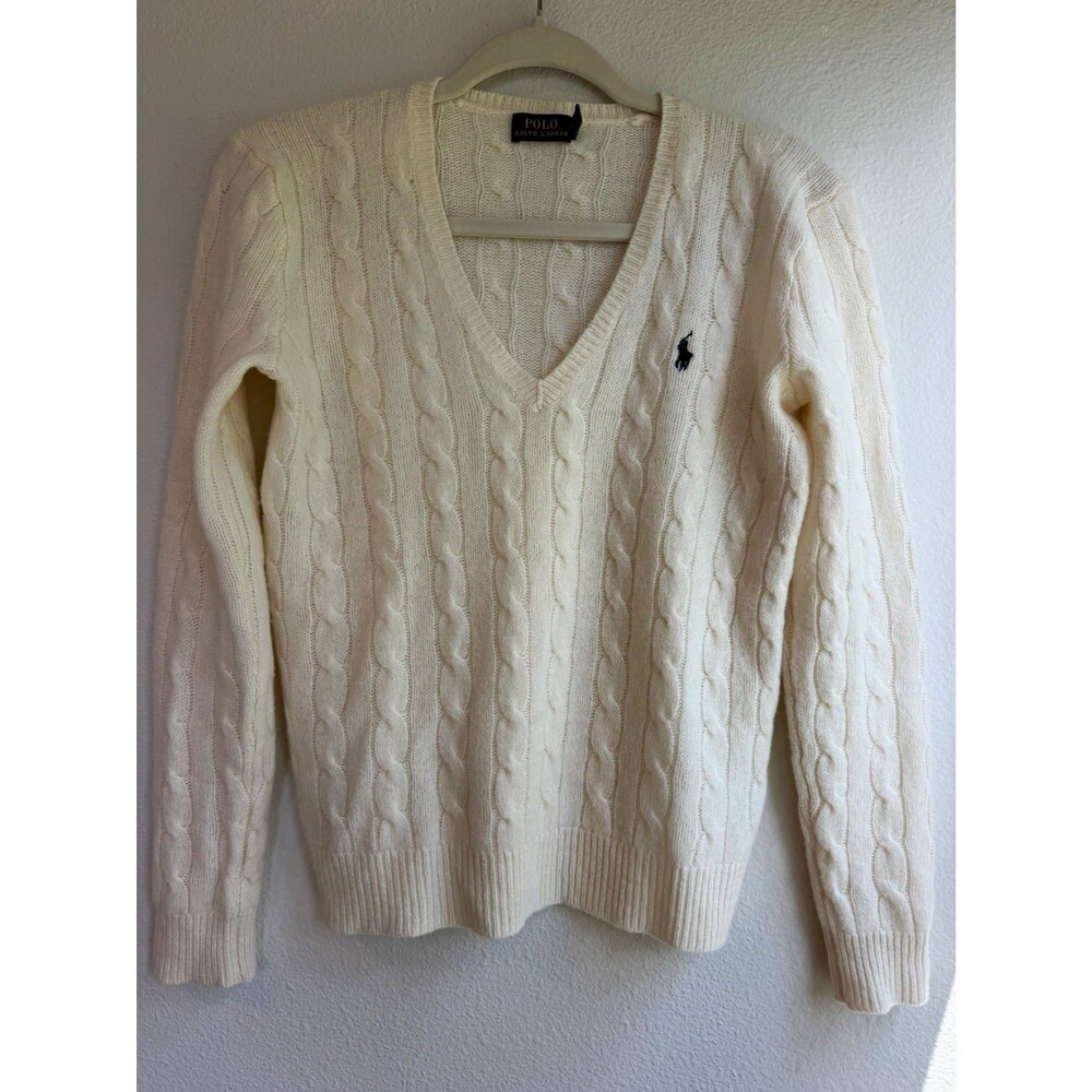 Polo Ralph Lauren Ivory Cable Knit V-Neck Merino Wool Cashmere Sweater S